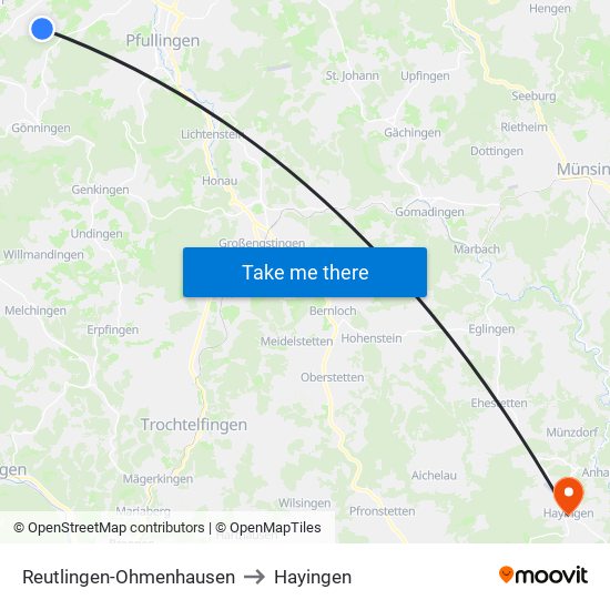 Reutlingen-Ohmenhausen to Hayingen map