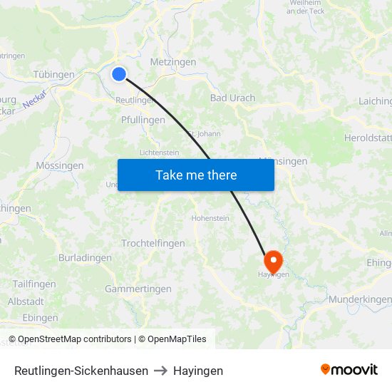 Reutlingen-Sickenhausen to Hayingen map