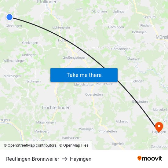 Reutlingen-Bronnweiler to Hayingen map