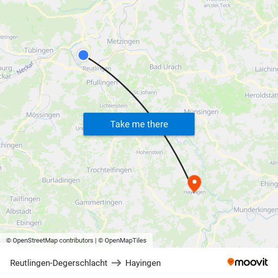 Reutlingen-Degerschlacht to Hayingen map