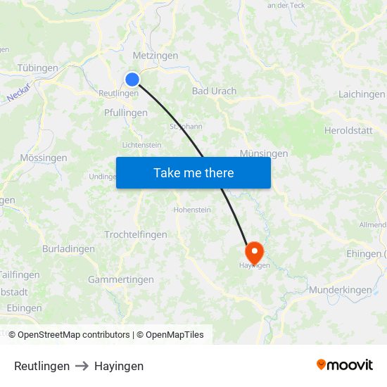 Reutlingen to Hayingen map