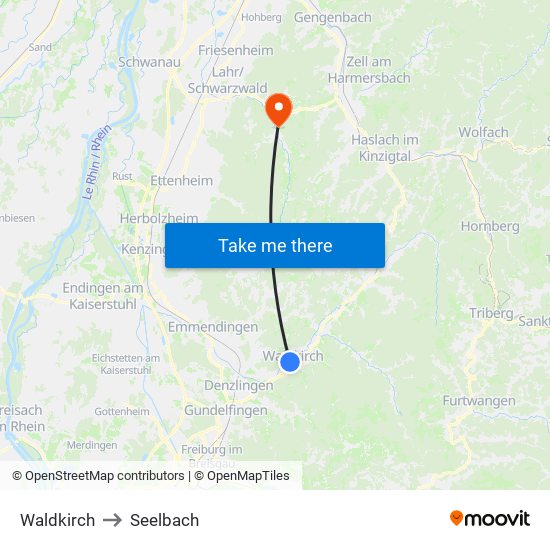 Waldkirch to Seelbach map
