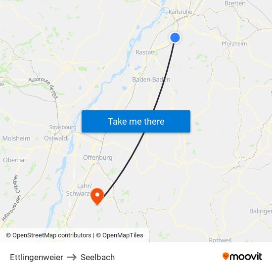 Ettlingenweier to Seelbach map