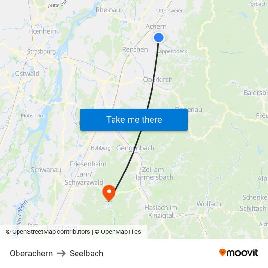 Oberachern to Seelbach map