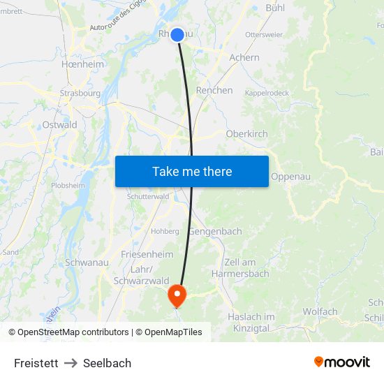 Freistett to Seelbach map