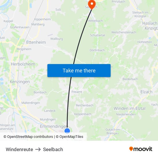 Windenreute to Seelbach map