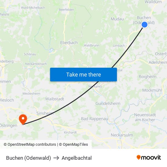 Buchen (Odenwald) to Angelbachtal map