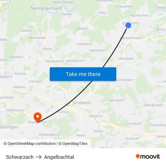 Schwarzach to Angelbachtal map