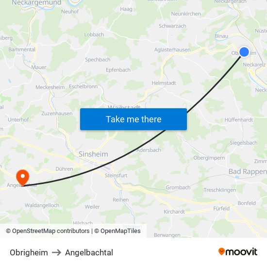 Obrigheim to Angelbachtal map