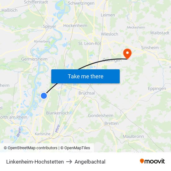 Linkenheim-Hochstetten to Angelbachtal map