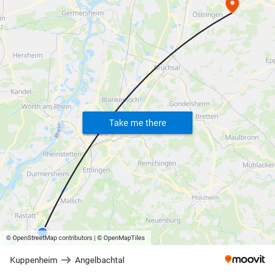Kuppenheim to Angelbachtal map