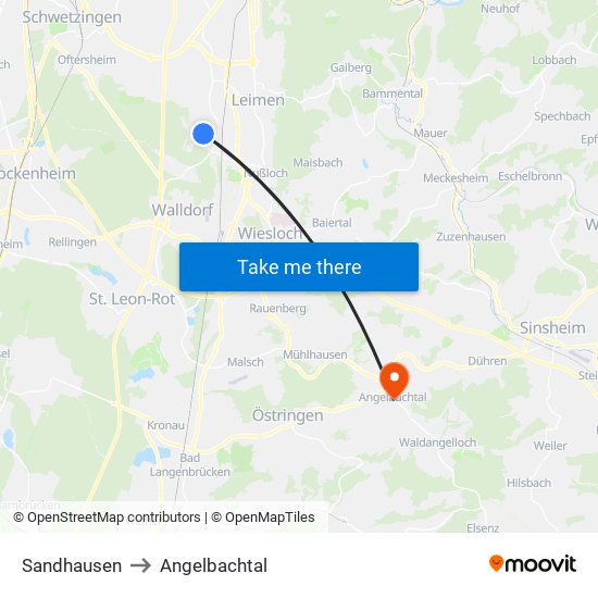 Sandhausen to Angelbachtal map