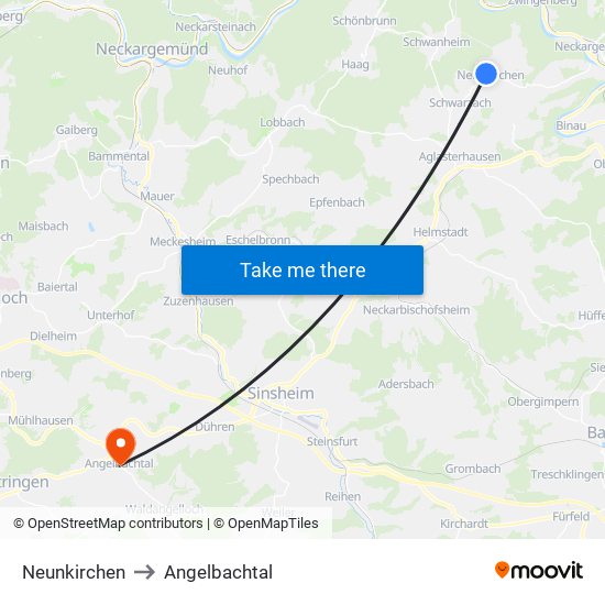 Neunkirchen to Angelbachtal map