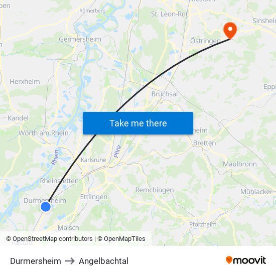 Durmersheim to Angelbachtal map