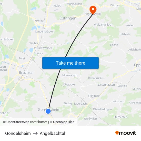 Gondelsheim to Angelbachtal map