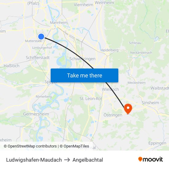 Ludwigshafen-Maudach to Angelbachtal map
