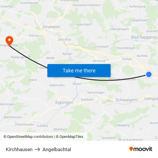 Kirchhausen to Angelbachtal map