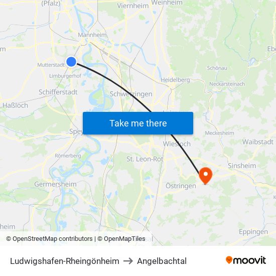 Ludwigshafen-Rheingönheim to Angelbachtal map