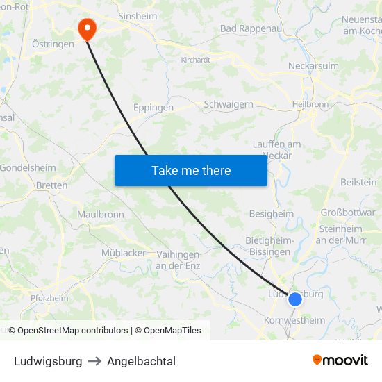 Ludwigsburg to Angelbachtal map