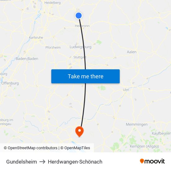 Gundelsheim to Herdwangen-Schönach map