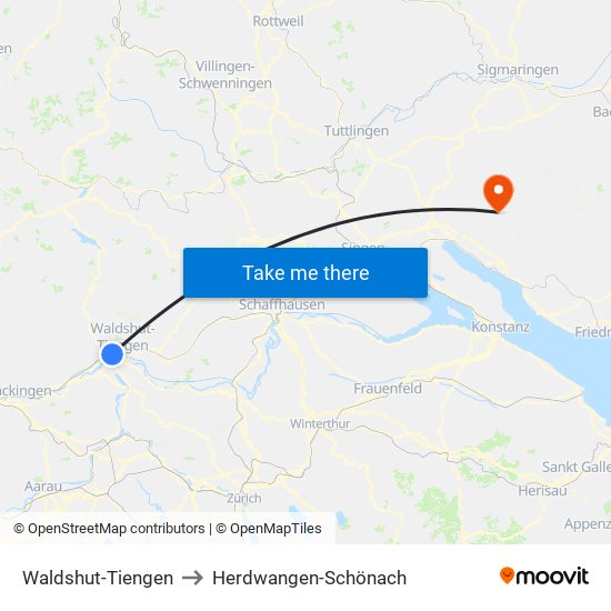 Waldshut-Tiengen to Herdwangen-Schönach map