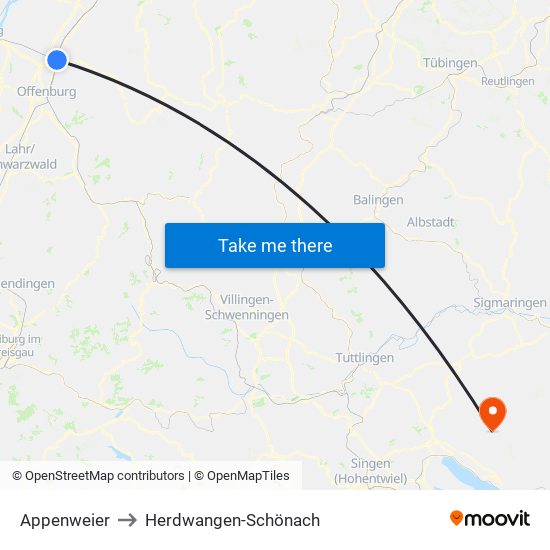 Appenweier to Herdwangen-Schönach map