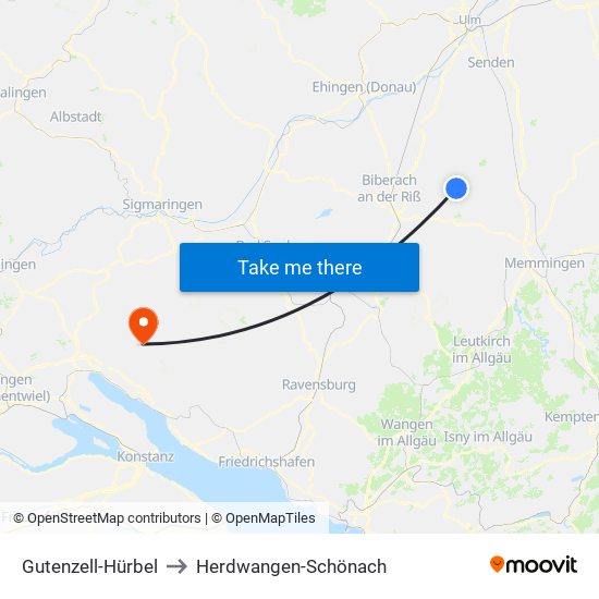 Gutenzell-Hürbel to Herdwangen-Schönach map