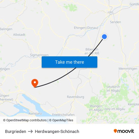 Burgrieden to Herdwangen-Schönach map