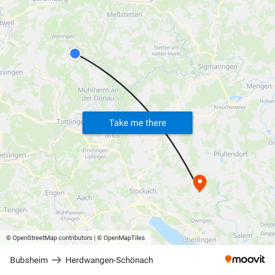 Bubsheim to Herdwangen-Schönach map