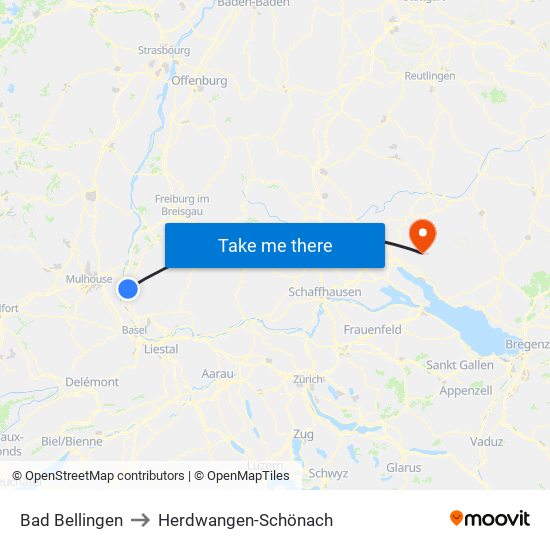 Bad Bellingen to Herdwangen-Schönach map