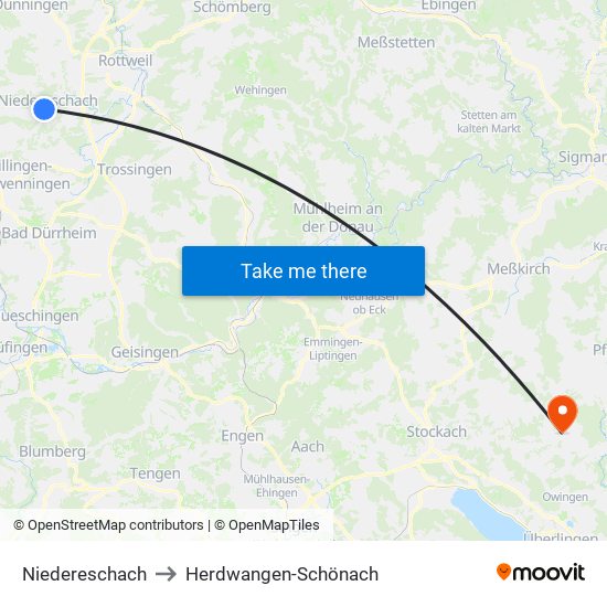 Niedereschach to Herdwangen-Schönach map