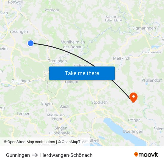 Gunningen to Herdwangen-Schönach map