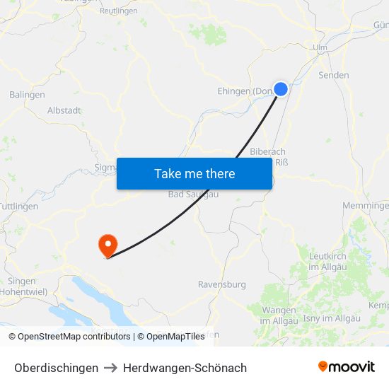 Oberdischingen to Herdwangen-Schönach map