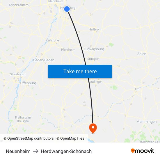 Neuenheim to Herdwangen-Schönach map