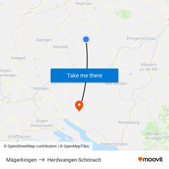 Mägerkingen to Herdwangen-Schönach map