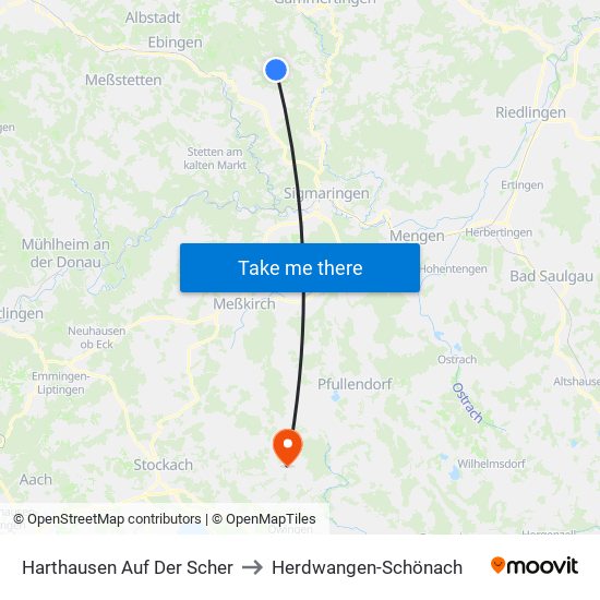 Harthausen Auf Der Scher to Herdwangen-Schönach map