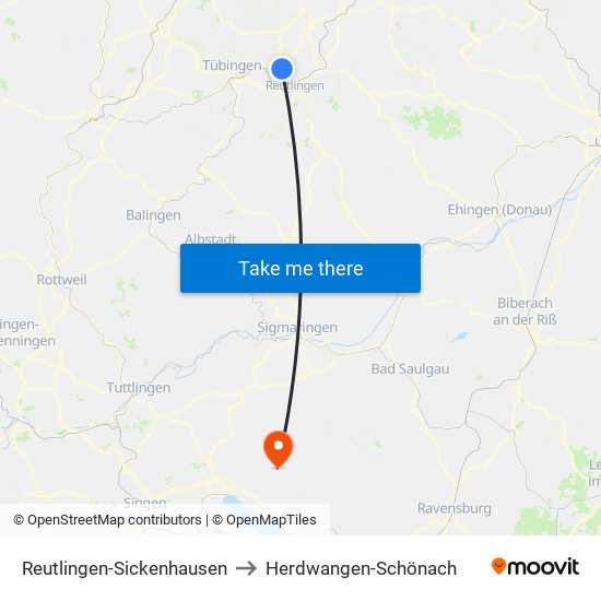 Reutlingen-Sickenhausen to Herdwangen-Schönach map