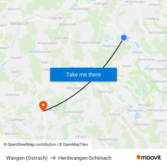 Wangen (Ostrach) to Herdwangen-Schönach map