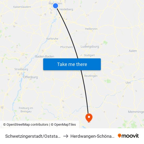 Schwetzingerstadt/Oststadt to Herdwangen-Schönach map