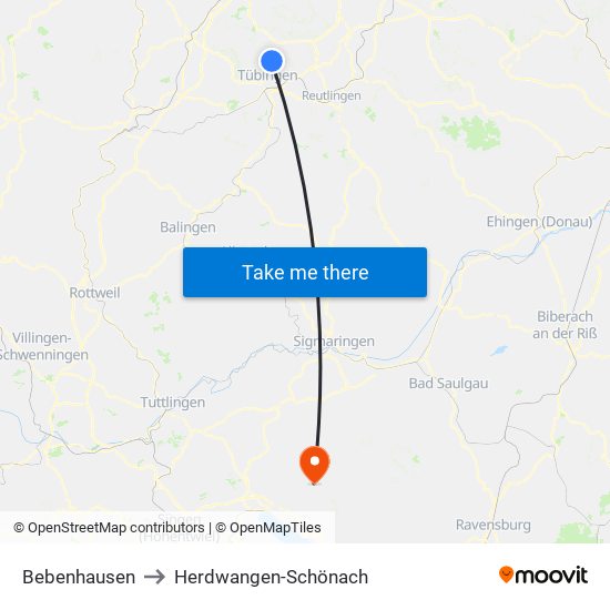 Bebenhausen to Herdwangen-Schönach map