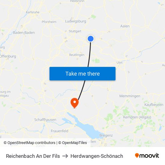 Reichenbach An Der Fils to Herdwangen-Schönach map