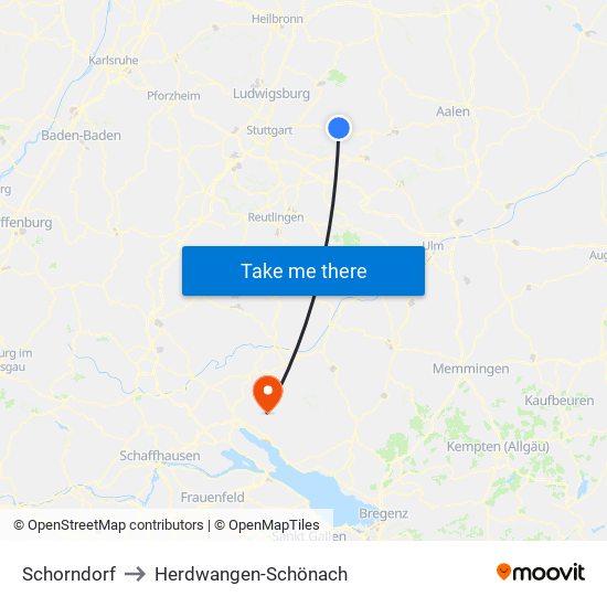 Schorndorf to Herdwangen-Schönach map