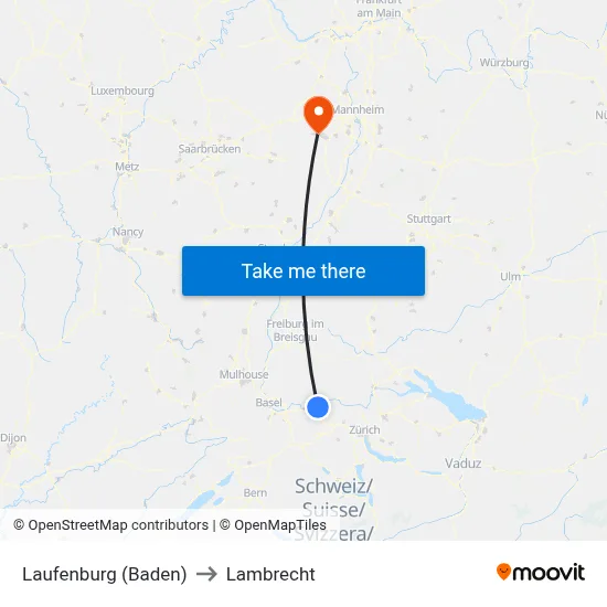 Laufenburg (Baden) to Lambrecht map