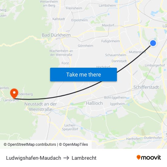 Ludwigshafen-Maudach to Lambrecht map