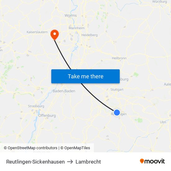 Reutlingen-Sickenhausen to Lambrecht map