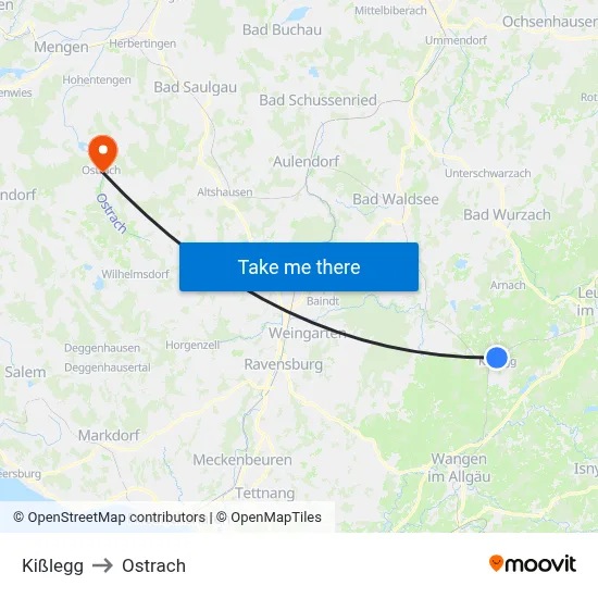 Kißlegg to Ostrach map