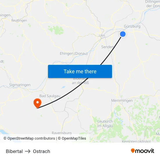 Bibertal to Ostrach map