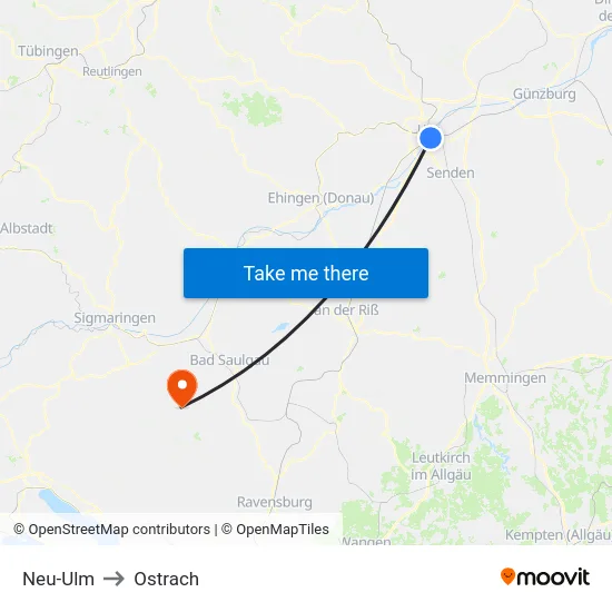 Neu-Ulm to Ostrach map