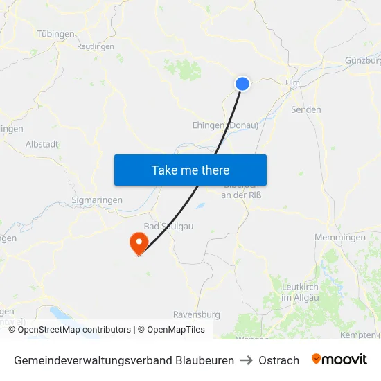 Gemeindeverwaltungsverband Blaubeuren to Ostrach map