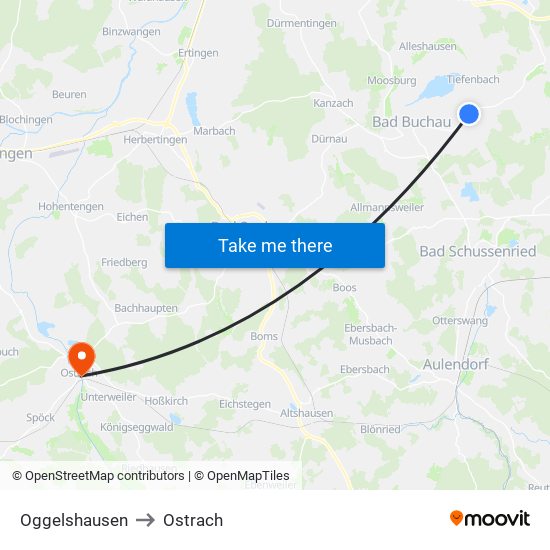 Oggelshausen to Ostrach map